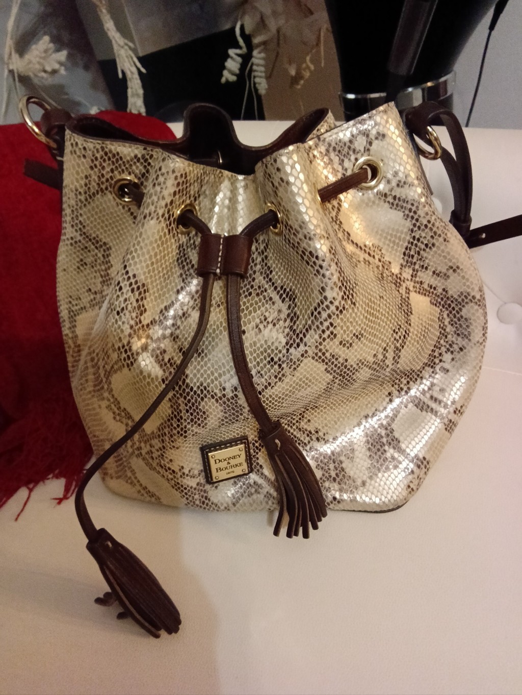 Dooney & Bourke Gold Snakeskin-Print Drawstring Hobo Bucket With Brown Trim
